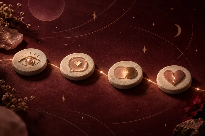 Four illuminated stone markers connected by a glowing thread across burgundy velvet beneath a generic star field