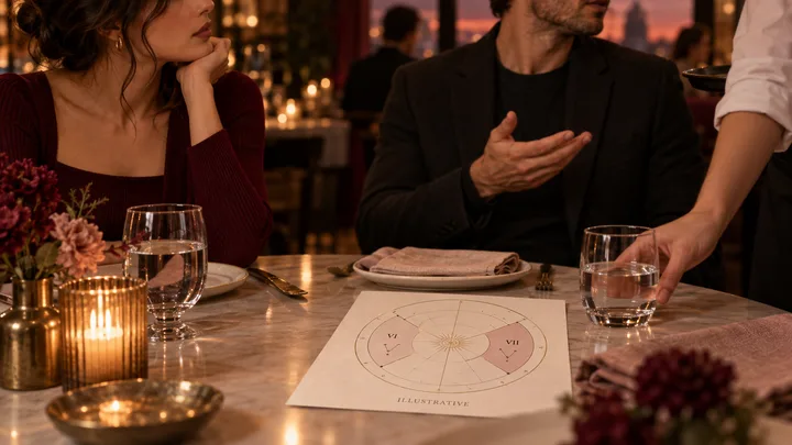 An intimate restaurant scene where a woman notices a man's tense exchange with a server, beside a generic illustrative sixth- and seventh-house astrology chart.