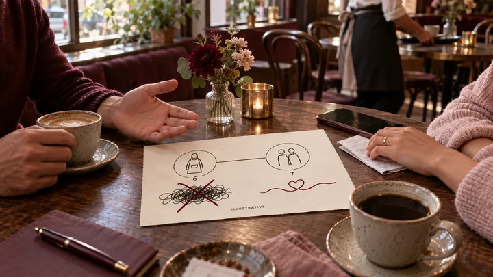 Two people having a calm boundary-setting conversation over coffee, with an illustrative diagram connecting service and partnership and showing a repaired line.