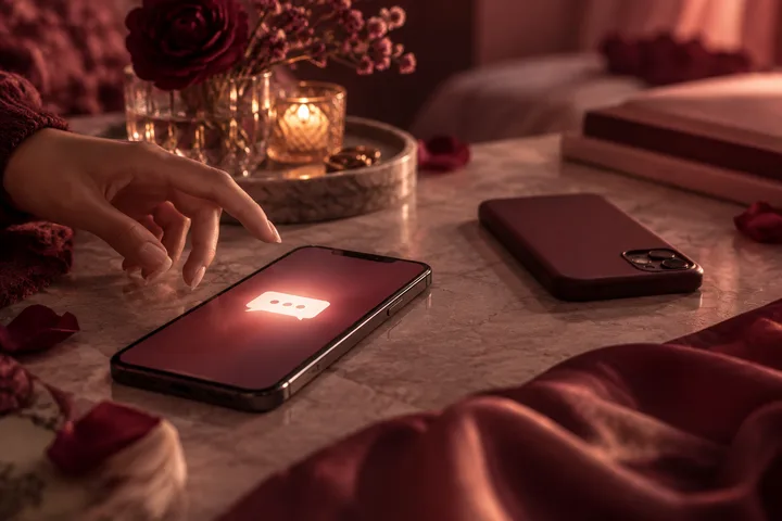 A hand reaches toward a glowing message bubble on one phone while a second phone rests unanswered on a rose-colored table.