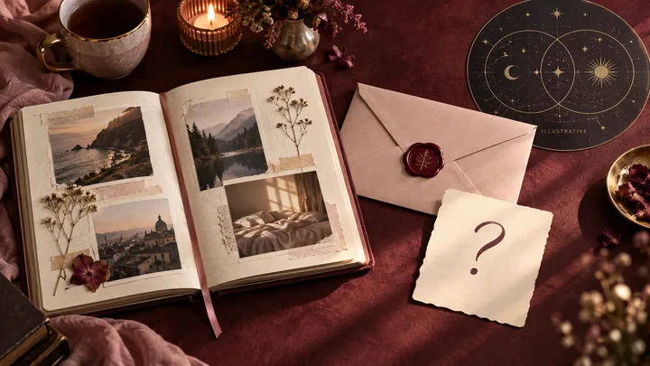 An open memory journal, sealed envelope, unanswered question card, and illustrative synastry artwork arranged on a burgundy still life.