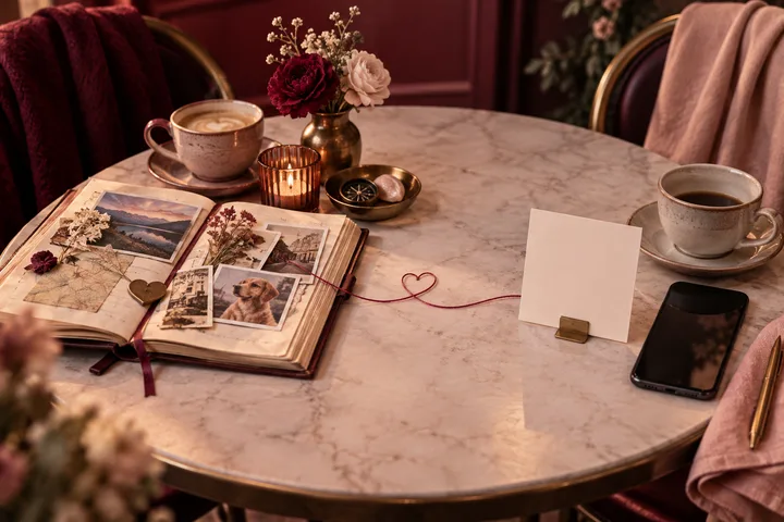 A two-place café table contrasts an open journal of memories with a blank unanswered question card, linked by a loose red thread.