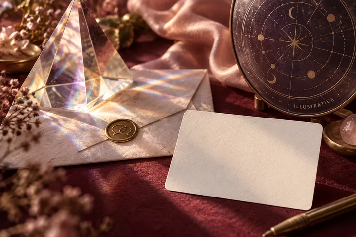 A glass prism casts dreamy reflections across a folded letter while a crisp blank question card sits outside the haze beside illustrative chart artwork.