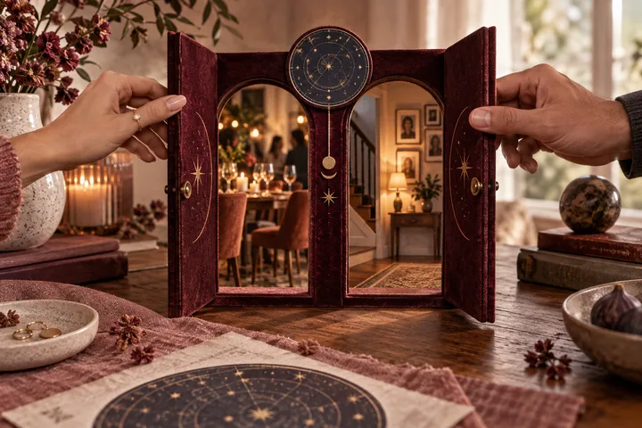 Two hands open a burgundy velvet doorway revealing an intimate friends' dinner on one side and a warmly lit family home on the other, with an illustrative star map above.