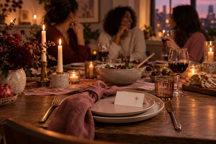 A thoughtfully prepared place setting with a blank celestial-marked card joins an intimate candlelit dinner with three softly blurred friends in the background.