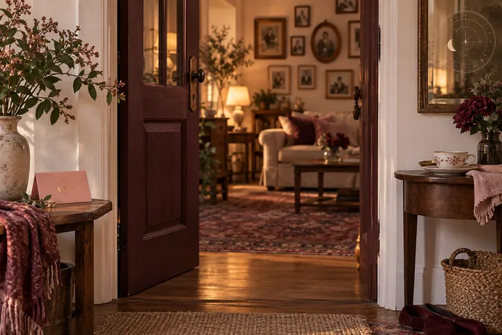 A burgundy home doorway opens toward a softly lit family room and portrait wall, while a blush card waits just outside as a symbol of respectful boundaries.