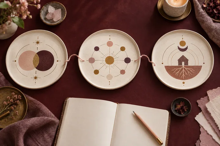 Three connected ceramic plates carry simple illustrative symbols for partnership, social support, and home roots beside a blank notebook and pencil.