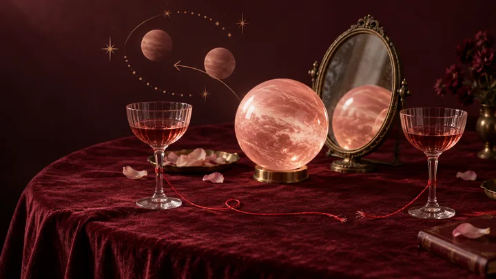 Burgundy velvet relationship still life with a glowing blush Venus orb, antique mirror, two wine glasses, and a broken red thread beneath abstract retrograde stars.