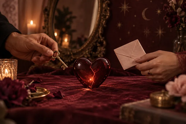 Two hands hold a brass key and a blank envelope across a burgundy table while a cracked red glass heart glows between them.