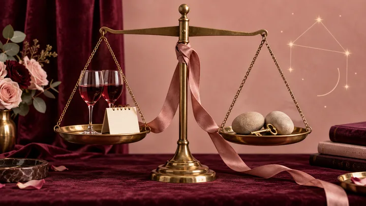 A nearly level brass balance scale holds matching wine glasses and a blank card on one side and stones with a brass key on the other, tied with a blush ribbon.