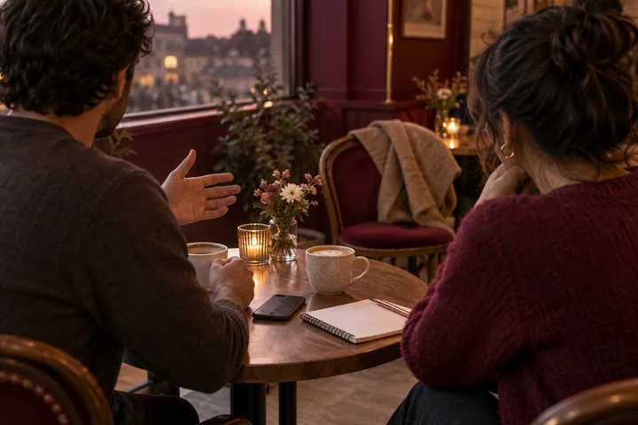 Two people have a respectful café conversation beside a face-down phone and blank notebook, with a ready chair and coat behind them.