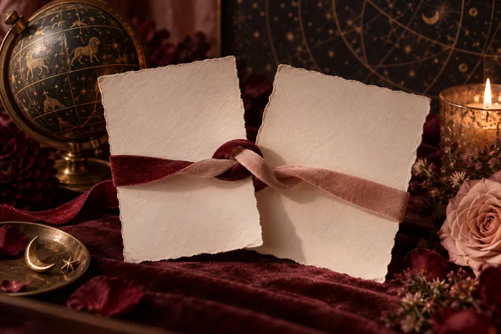 Two blank torn-edge paper cards tied together with burgundy and blush ribbons, beside a celestial globe, a lit candle, a rose, and a crescent-moon dish.