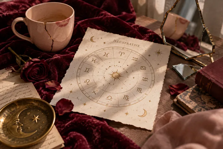 An illustrative zodiac wheel lies on burgundy velvet beside a cracked ceramic cup, roses, a broken mirror, and old books.
