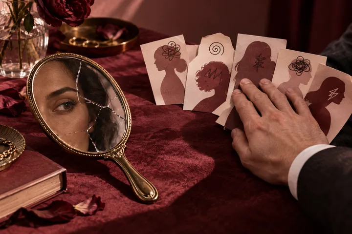 A suited hand rests over illustrated silhouette cards beside a cracked hand mirror, a rose, and burgundy cloth.