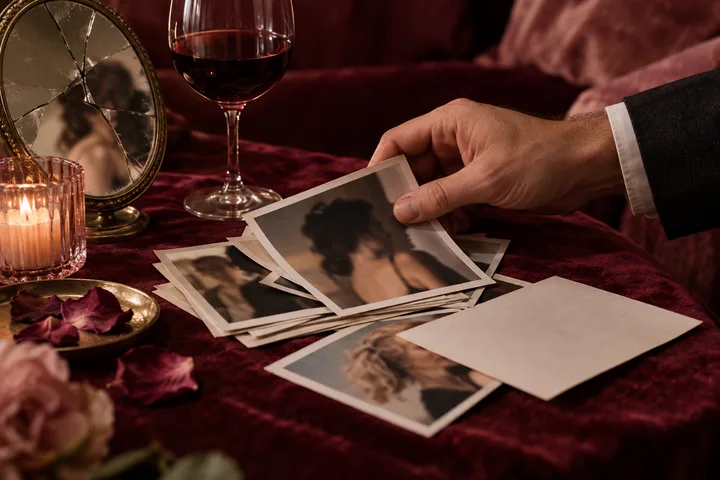 A suited hand lifts a blurred photograph from a stack beside red wine, a candle, roses, and a cracked mirror.