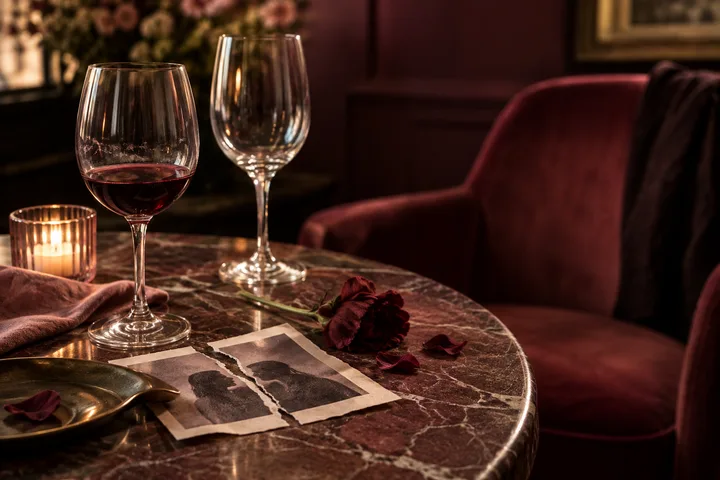 Wine glasses, a red rose, and a torn photograph sit on a marble table between burgundy chairs.