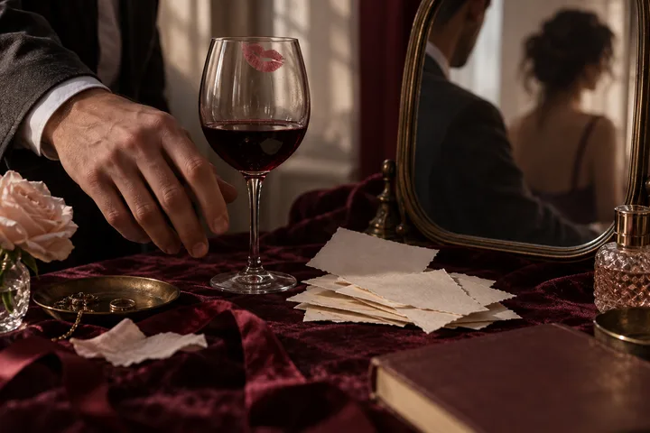 A suited hand rests beside a wine glass with a lipstick mark, torn blank papers, flowers, and a mirror reflecting a seated figure.