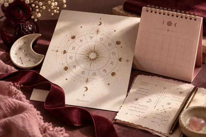 Illustrative zodiac chart beside a blank calendar, crescent-moon dish, handwritten notes, flowers, and a pen on burgundy and blush fabric.