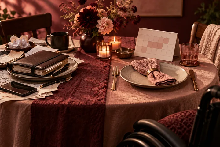 Burgundy-and-blush table set for two with candles, flowers, a blank calendar, notebook, phone, and the edge of a wheelchair.
