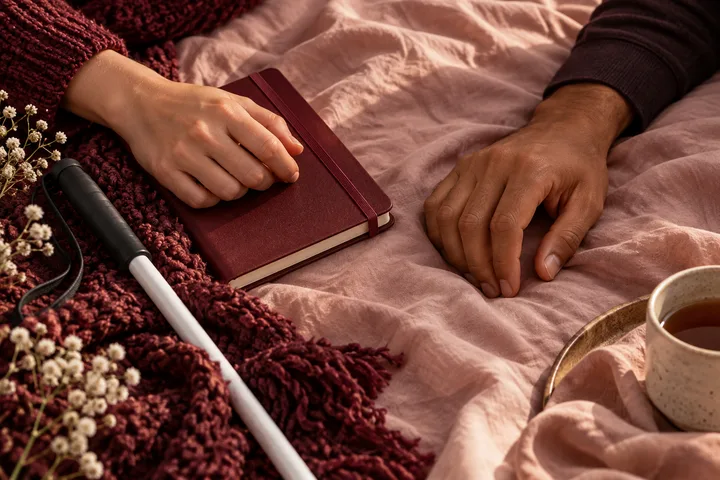 Two hands rest beside a burgundy notebook and white mobility cane on a blush bedspread, with flowers and tea nearby.