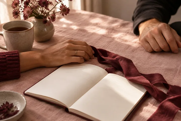 Two people sit across a blush table with hands near an open blank notebook, burgundy cloth, tea, and flowers.