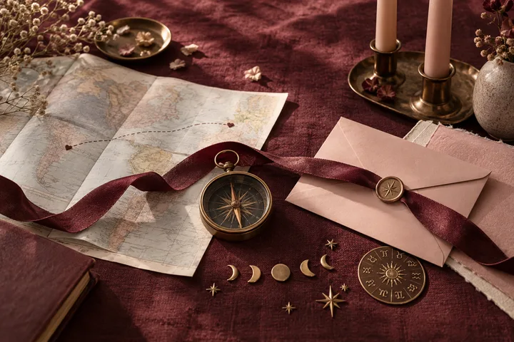 Burgundy and blush still life with an open world map, compass, sealed envelope, candles, and illustrative lunar and zodiac symbols, framing love and a possible work relocation as one decision.