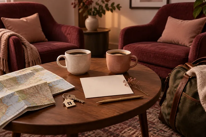 Two coffee cups sit on a table with maps, house-shaped keys, a blank envelope, pen, and travel bag, suggesting a conversation about a possible relocation.