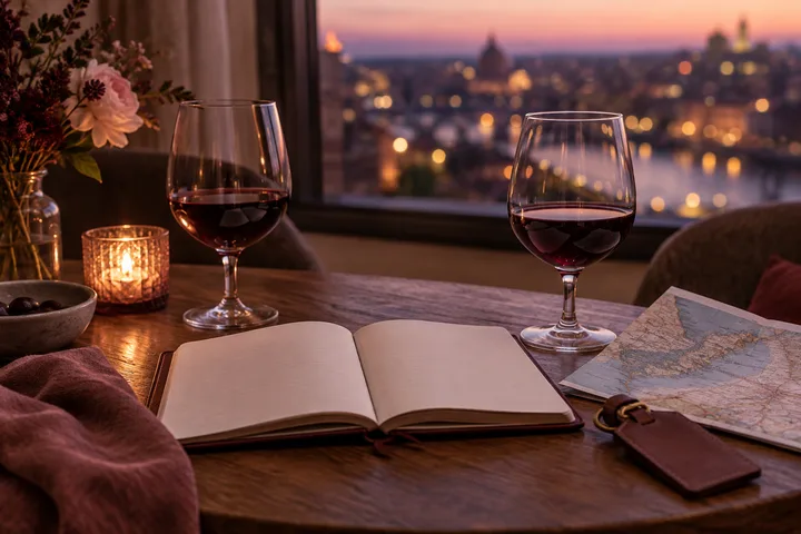 Two wine glasses sit beside an open blank notebook and map, with a city glowing beyond the window, evoking distance and the choice of a new home.