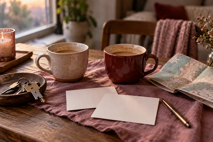 Two coffee cups, a dish of keys, blank envelopes, a map, and a pen rest on a burgundy cloth, evoking the practical conversation before a move.