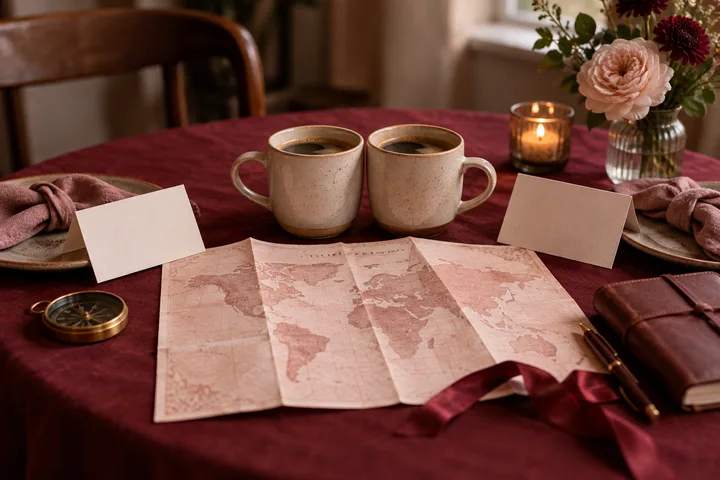Two coffee cups and blank envelopes sit above a world map with a compass, leather notebook, candle, and flowers, holding intimacy and independence in the same frame.
