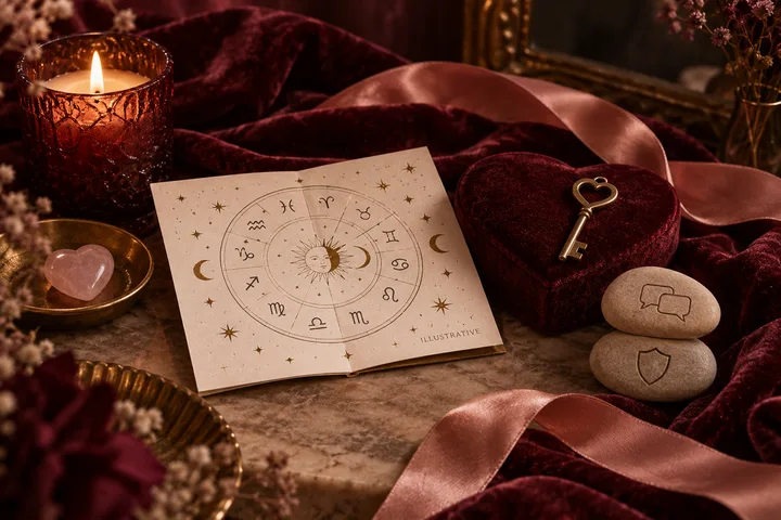 Burgundy velvet, a candle, an illustrative zodiac wheel, a heart-shaped key, and stones marked with conversation and safety symbols.