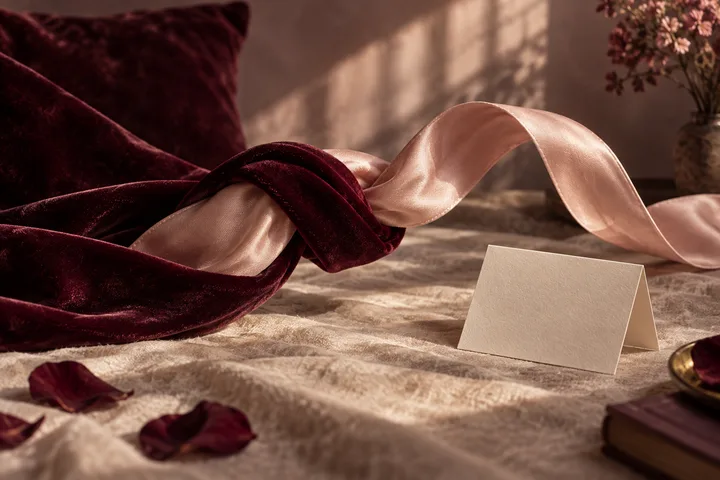Burgundy and blush ribbons knotted together on rumpled bedding beside a blank card and scattered rose petals.