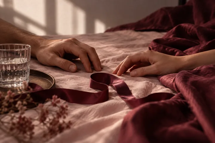 Two hands reaching toward each other across pale bedding, separated by a loose burgundy ribbon.