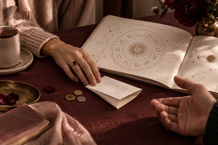 An illustrative astrology chart, envelope, and coins between two hands paused over a burgundy table.