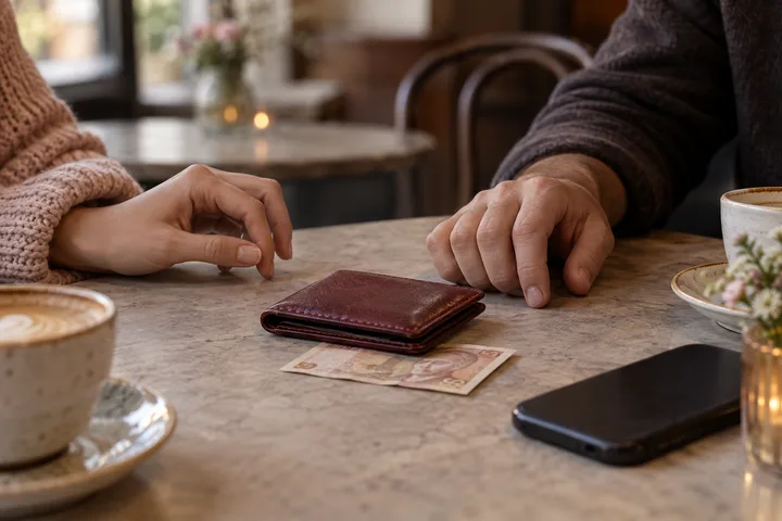 A closed burgundy wallet and banknote sit between two people at a cafe table.