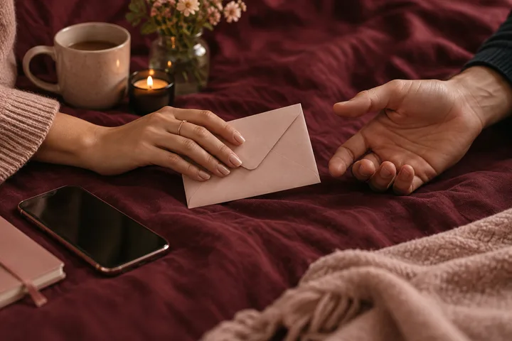 A woman holds a sealed blush envelope while another hand waits beside a phone.
