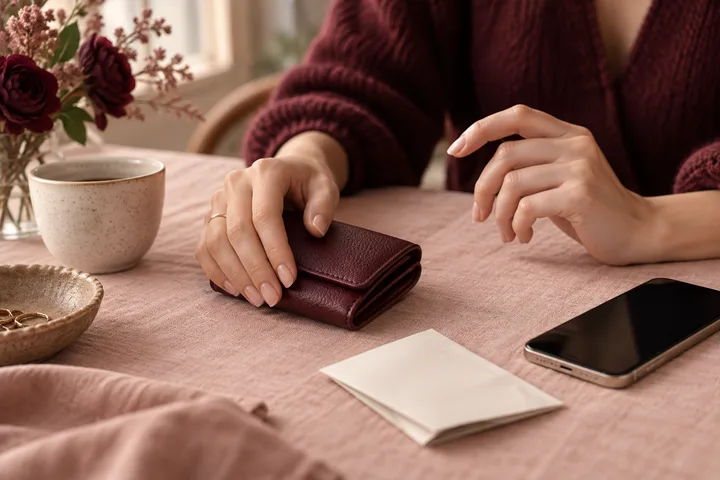 A woman closes a leather wallet beside an unopened envelope and phone.