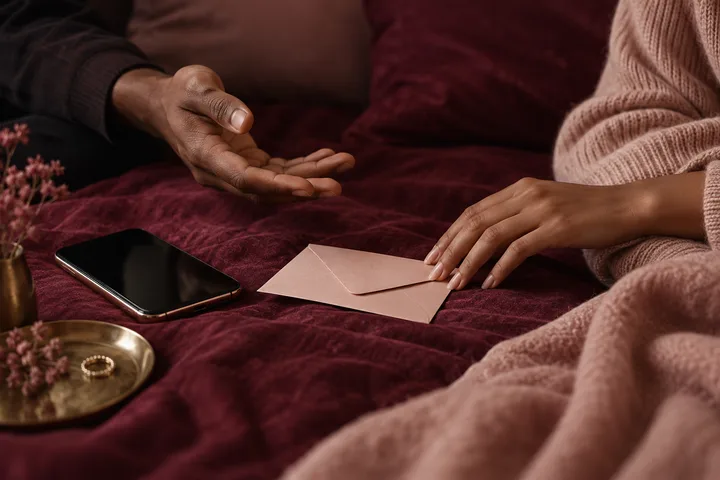Two people sit apart with a phone and sealed envelope between an open asking hand and a guarded hand.