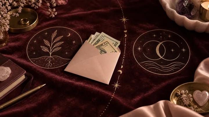 A blush envelope of money rests between two illustrative celestial circles on burgundy velvet, suggesting the choice between personal resources and shared support.