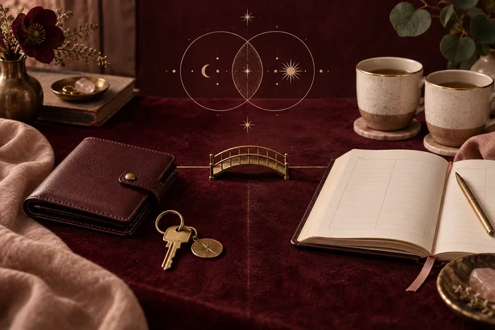 A closed leather wallet and keys sit beside an open shared ledger with a small brass bridge beneath an illustrative celestial axis.