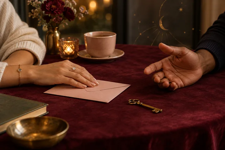 Two hands rest across a burgundy table beside a closed blush envelope and brass key, capturing a calm financial boundary and a respectful response.