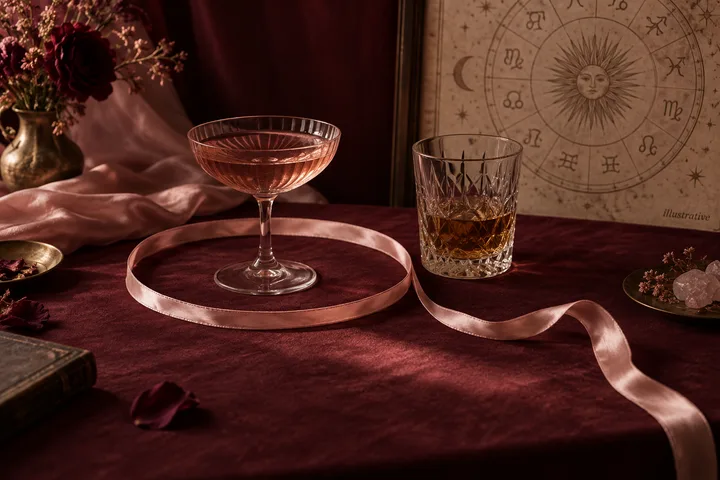 A burgundy tabletop holds a pink drink in a coupe glass, an amber drink in a tumbler, a trailing pink ribbon, flowers, and a framed zodiac wheel marked illustrative.