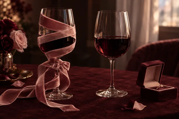 Two wine glasses sit on a burgundy table; one is wrapped in a pink ribbon, and an open ring box rests beside them.