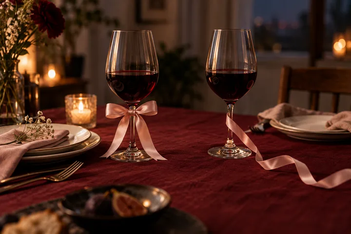Two glasses of red wine with pink ribbons stand on a candlelit, burgundy-covered dining table set with plates, flowers, and cutlery.