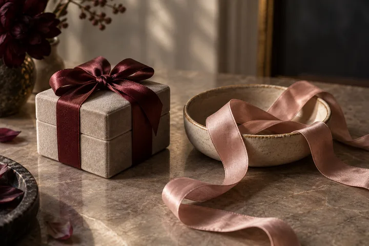 A small beige gift box tied with a burgundy bow sits beside a ceramic bowl containing a loose pink ribbon.