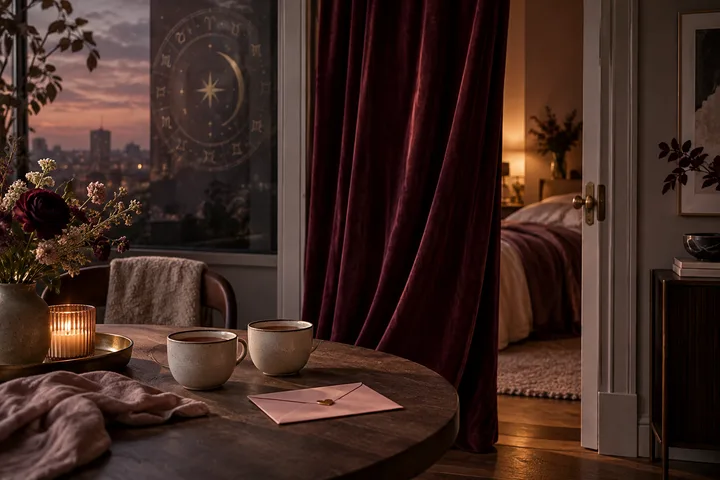 Burgundy curtain partly concealing a warm room beside two tea cups, a blush envelope, and an illustrative zodiac reflection at dusk