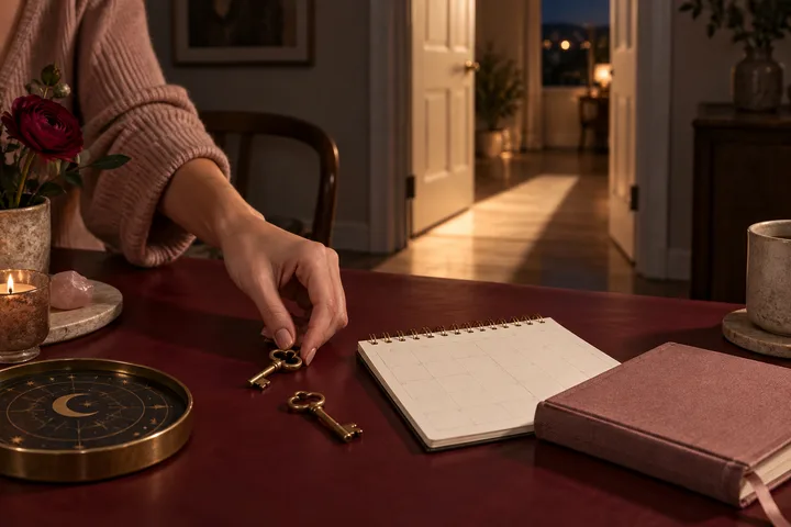 A hand places a brass key beside a blank calendar and journal on a burgundy table, with light leading through an open doorway