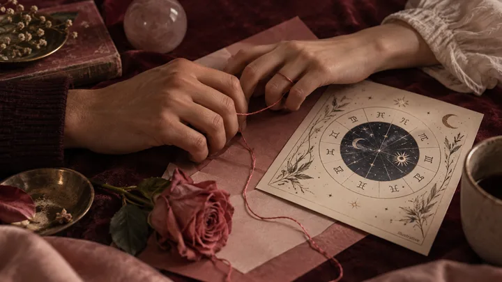 Two people hold a red thread beside an illustrative zodiac chart, rose, and burgundy fabric.
