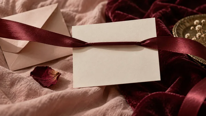 A blank cream card tied with a burgundy ribbon rests on blush fabric beside a dried rose petal.