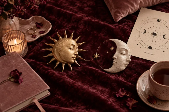 Burgundy velvet still life with a gold sun, a crescent moon, candle, flowers, journal, tea, and an illustrative chart page.